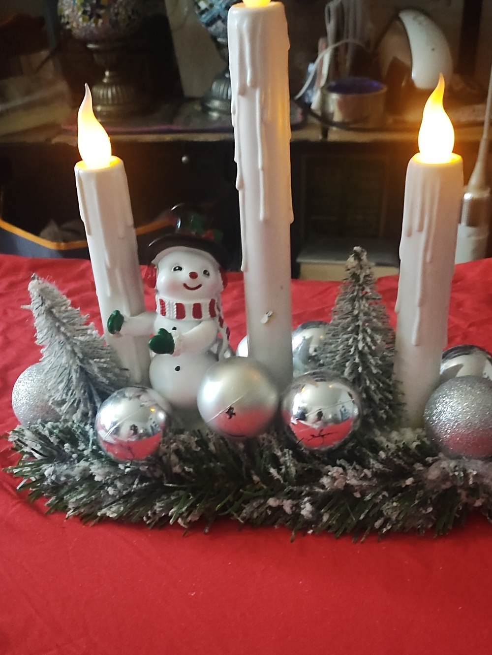 Festive White LED Candle Centerpiece with Silver Accents and Snowman